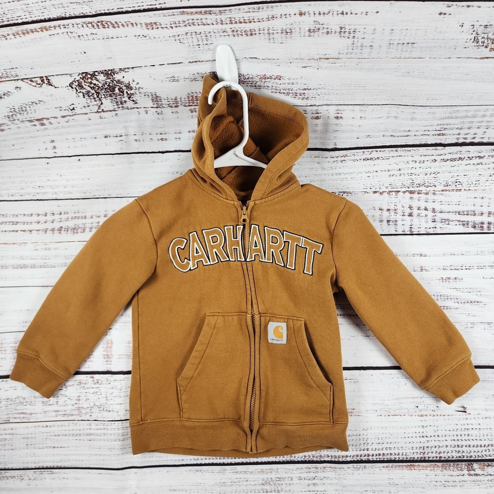 Carhartt Jacket Boys 6 Brown Fleece Spellout Logo Hooded Full Zipper Outdoors